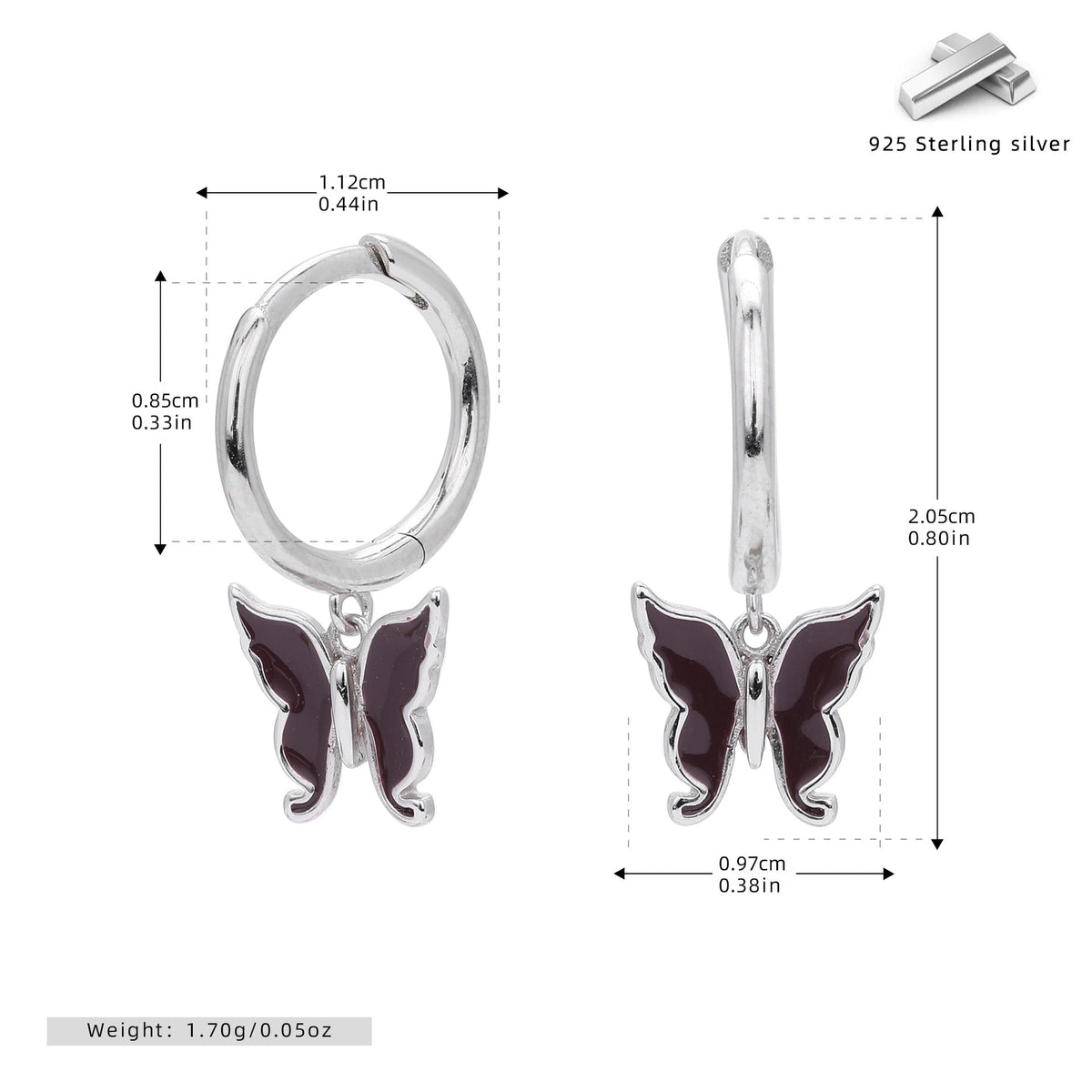 Boucles d'oreilles papillon en argent sterling 925