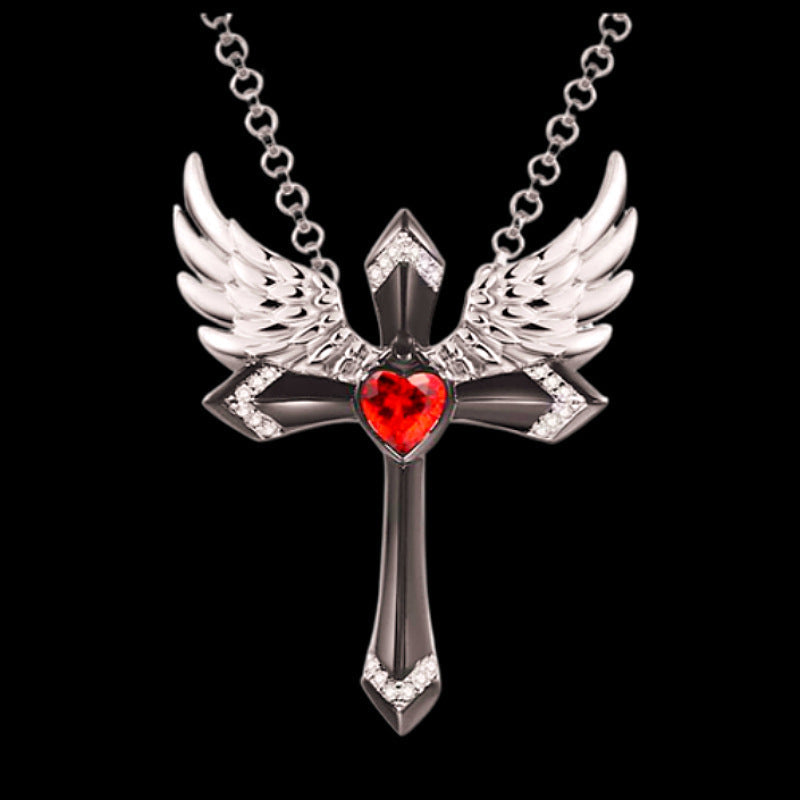 Collier pendentif croix ailes d'ange gothique