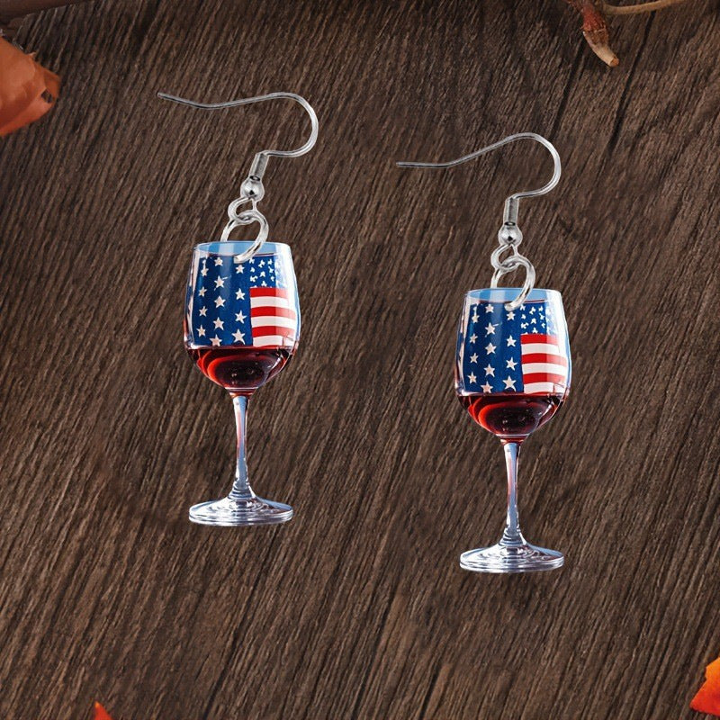 Boucles d'oreilles pendantes verre à vin avec émail drapeau américain
