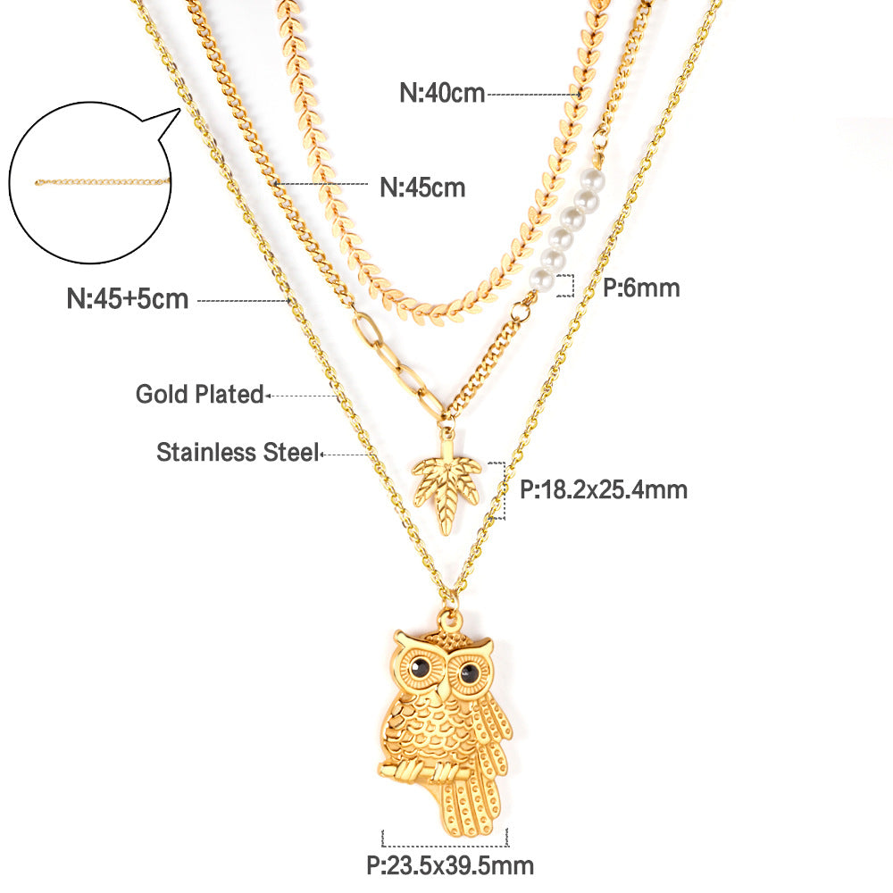 Collier multi-rangs pour femme avec pendentif hibou et détails dorés