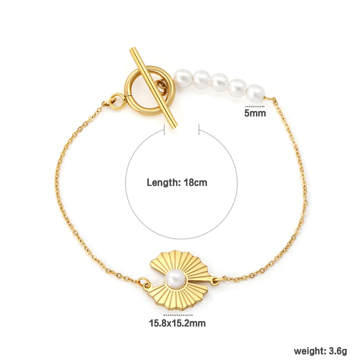 Bracelet de perles pour femme avec motif coquillage et fermoir toggle