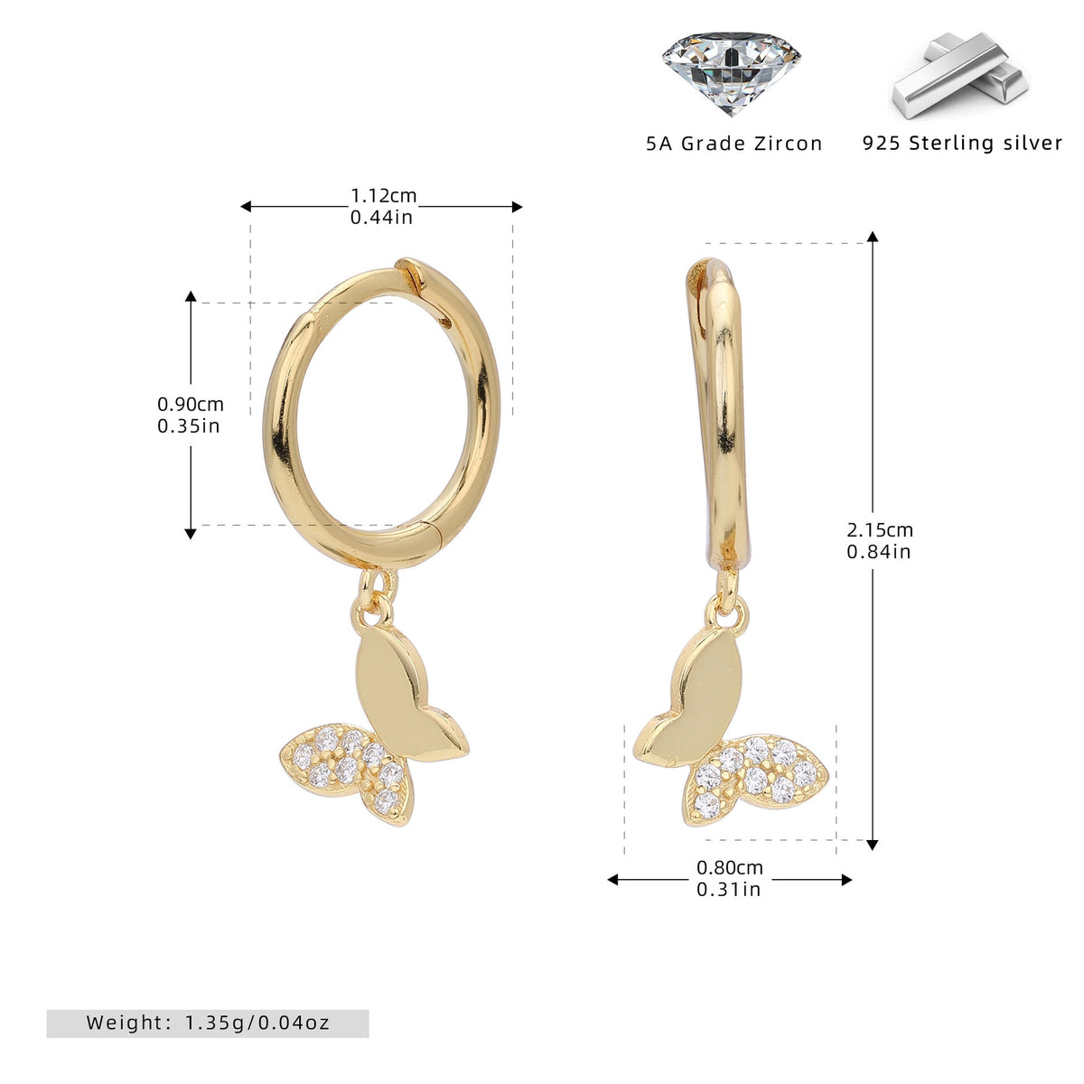 Boucles d'oreilles papillon en argent sterling 925 avec zirconiums
