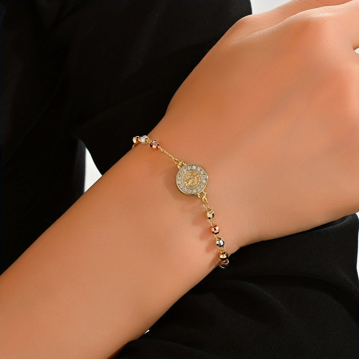 Bracelet religieux filigrane avec croix et médaille miraculeuse