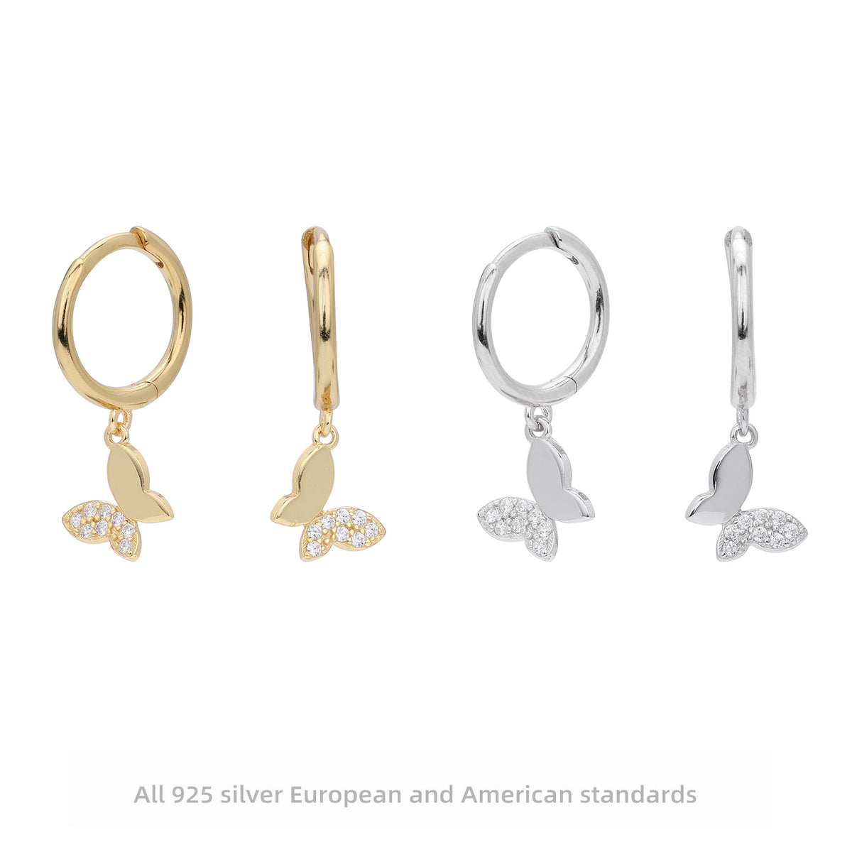 Boucles d'oreilles papillon en argent sterling 925 avec zirconiums