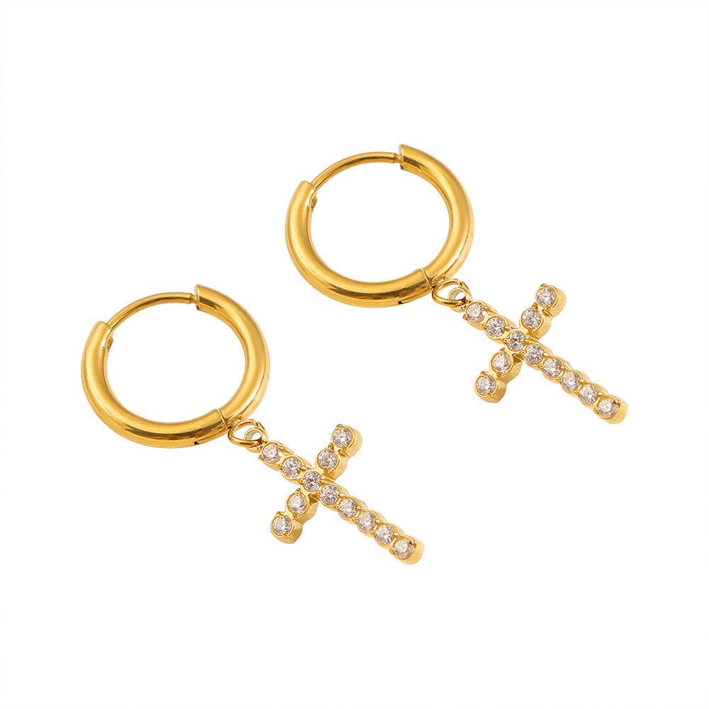 Boucles d'oreilles pendantes pour femme motif croix avec éléments en zircone