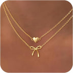 Collier double rang pour femme avec pendentifs cœur et nœud