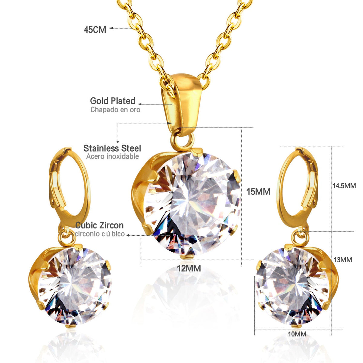 Parure de bijoux pour femme avec pendentif zircone et boucles d'oreilles