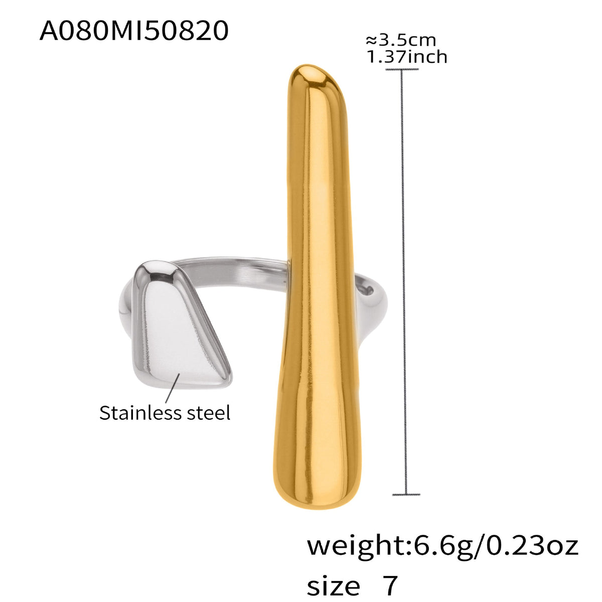 Bague ouverte en acier inoxydable avec détail doré