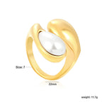 Bague pour femme en acier inoxydable doré avec perle, ajustable