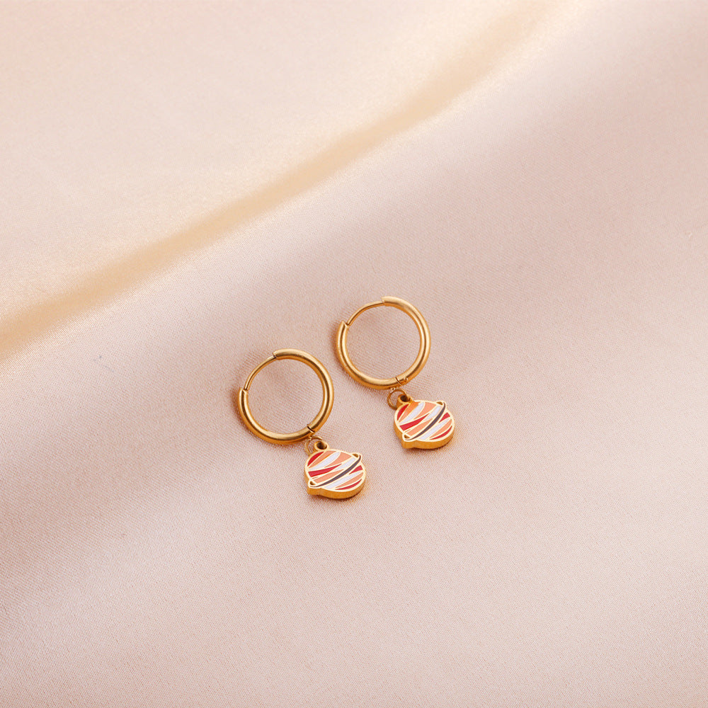 Boucles d'oreilles pendantes pour femme design planétaire en acier doré