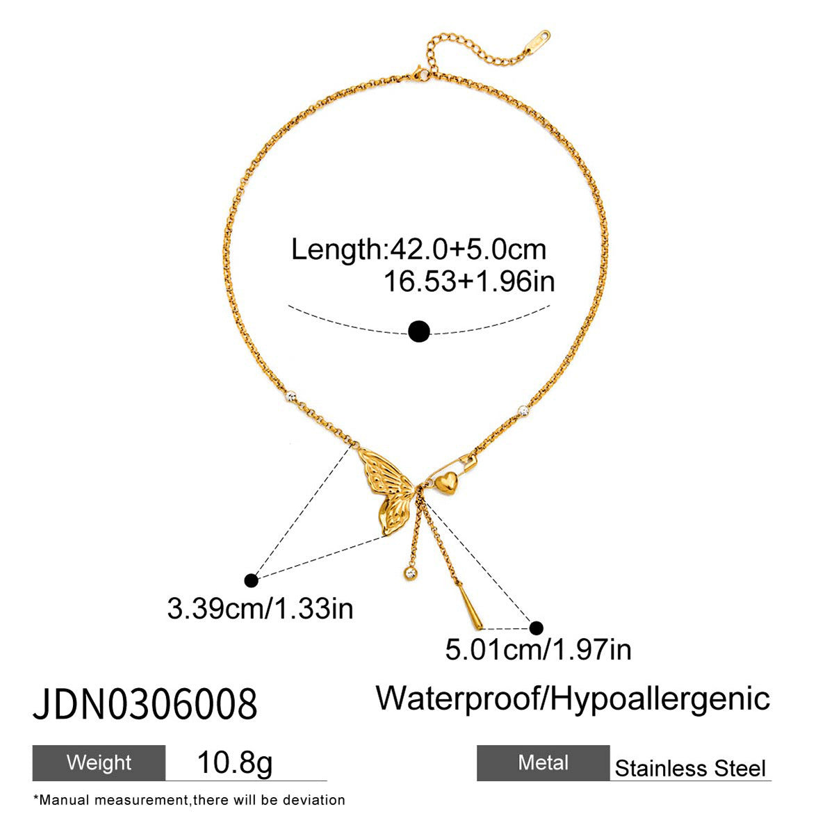 Collier pour femme avec pendentifs papillon et cœur en acier inoxydable