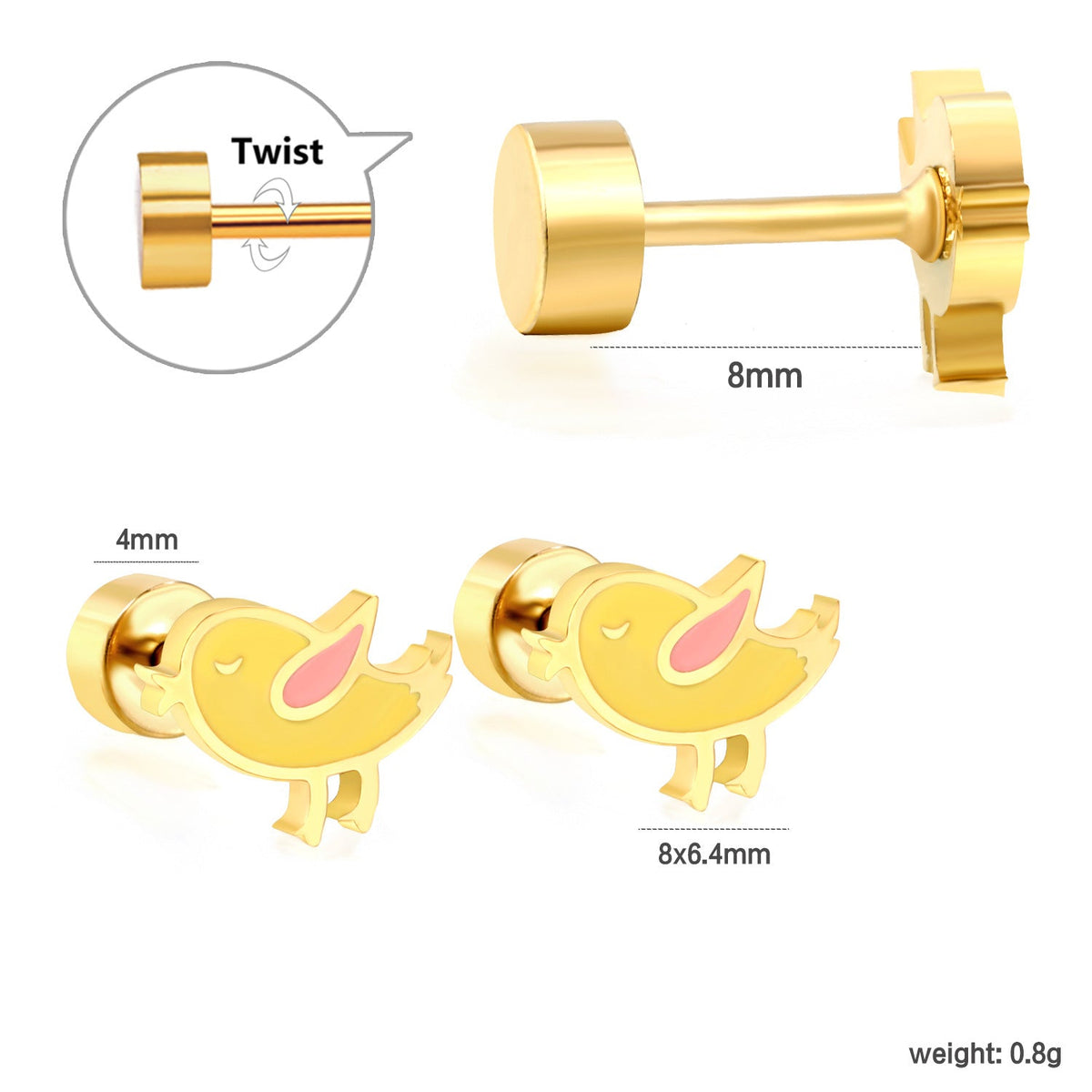 Boucles d'oreilles puces pour femme motif oiseau en acier inoxydable