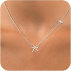 Collier double rang pour femme avec pendentifs cœur et nœud