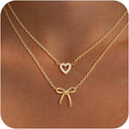 Collier double rang pour femme avec pendentifs cœur et nœud