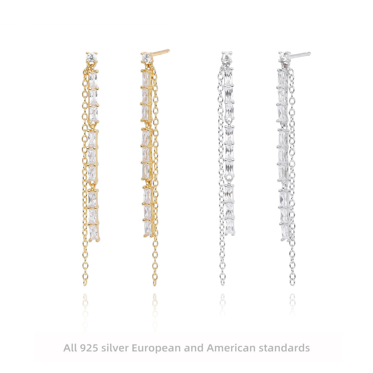 Boucles d'oreilles pendantes chaîne en argent et zircon