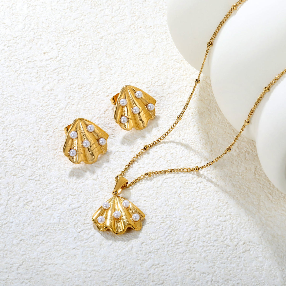 Parure de bijoux pour femme avec pendentif coquillage et zircone
