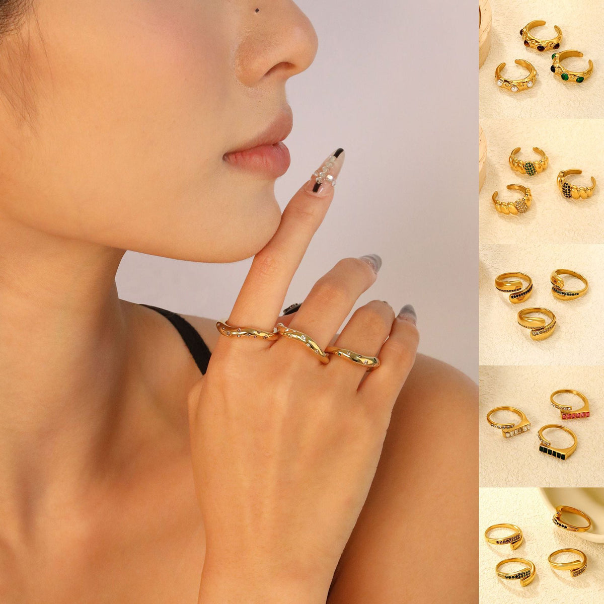 Bague réglable pour femme avec zircons et accents verts