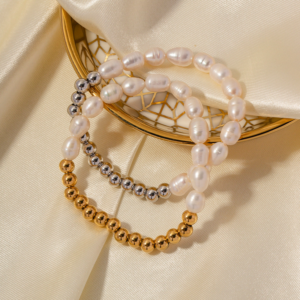 Bracelet élastique pour femme avec perles et éléments en acier inoxydable