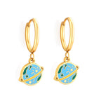 Boucles d'oreilles pendantes pour femme design planétaire en acier doré