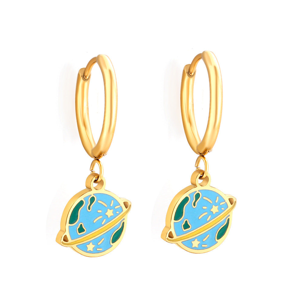 Boucles d'oreilles pendantes pour femme design planétaire en acier doré