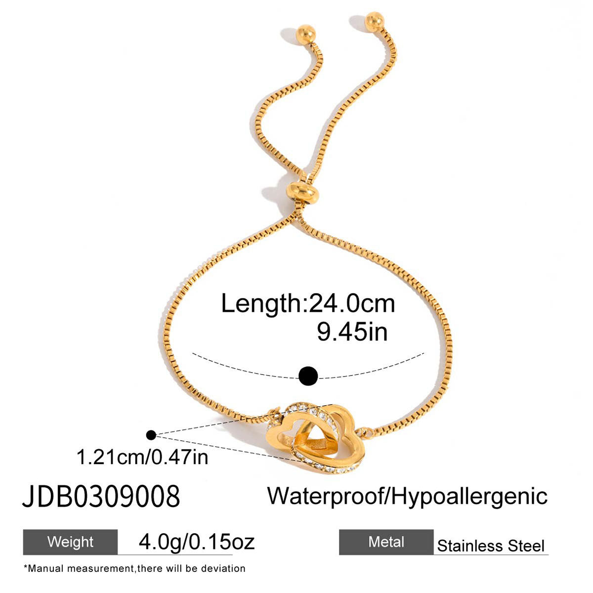Bracelet pour femme avec fermoir réglable et pendentif en forme de cœur