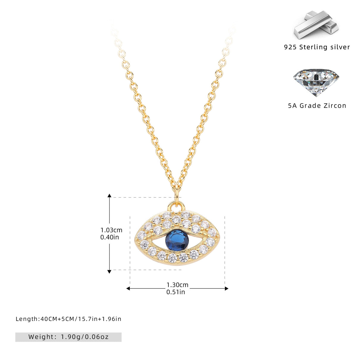 Collier pour femme avec motif œil protecteur en argent sterling 925 et zircone