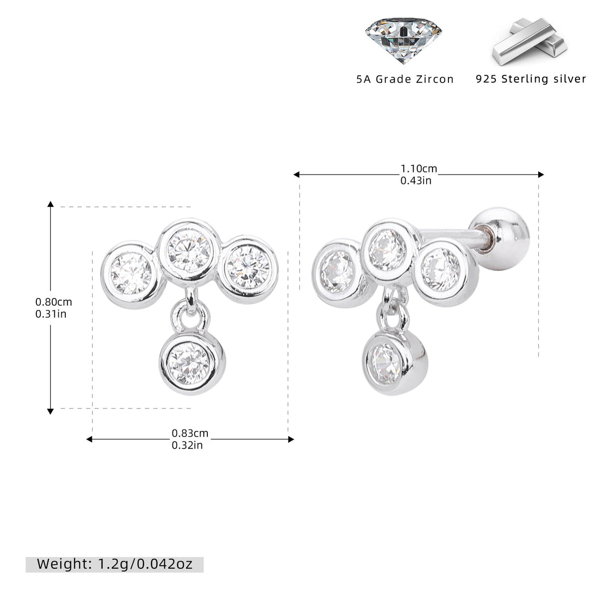 Boucles d'oreilles pour femme en argent sterling avec zircon