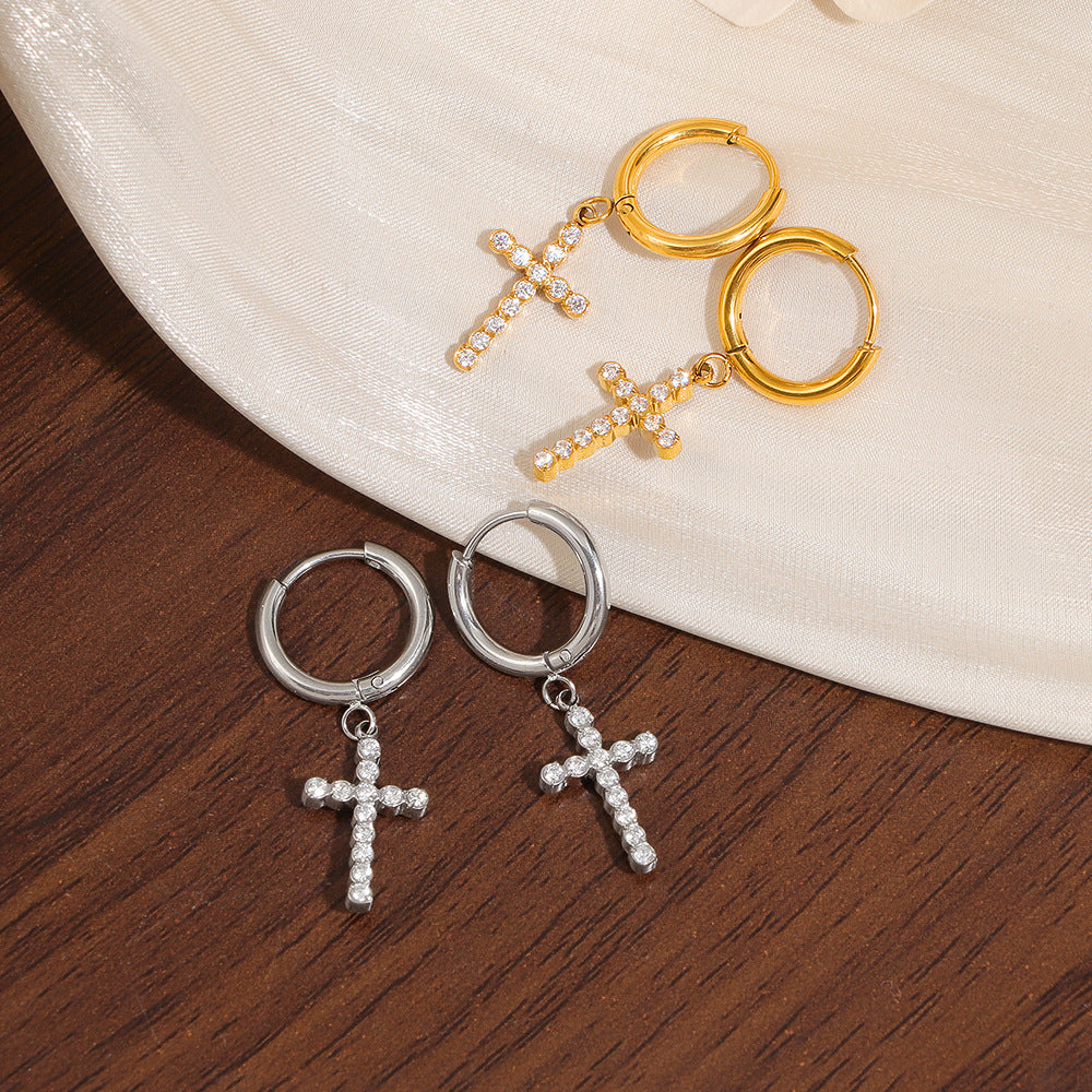 Boucles d'oreilles pendantes pour femme motif croix avec éléments en zircone