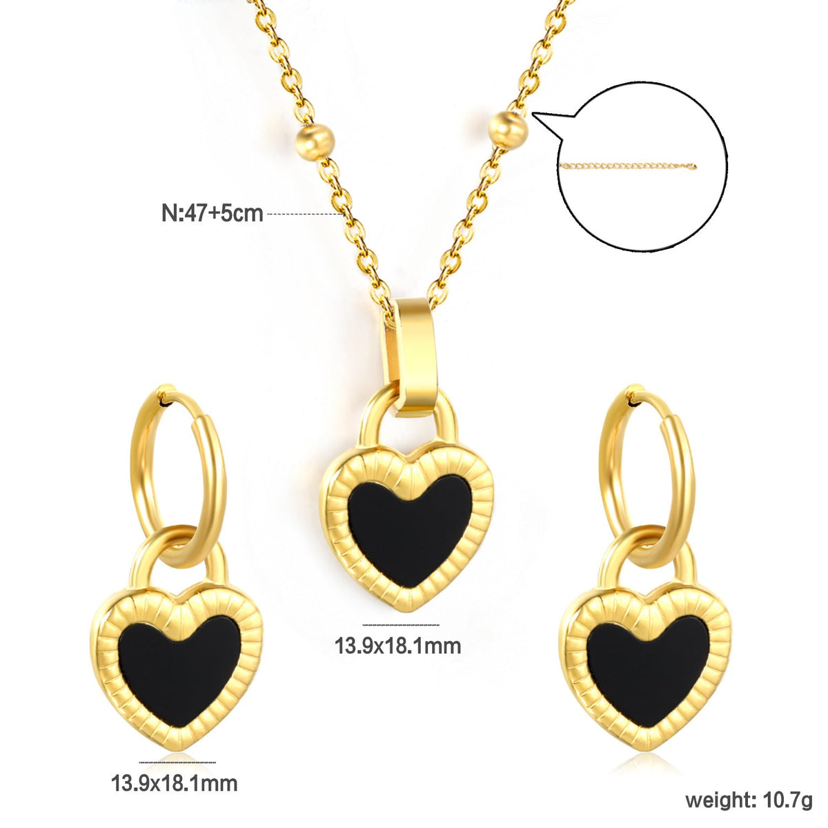 Parure de bijoux pour femme avec pendentif cœur noir