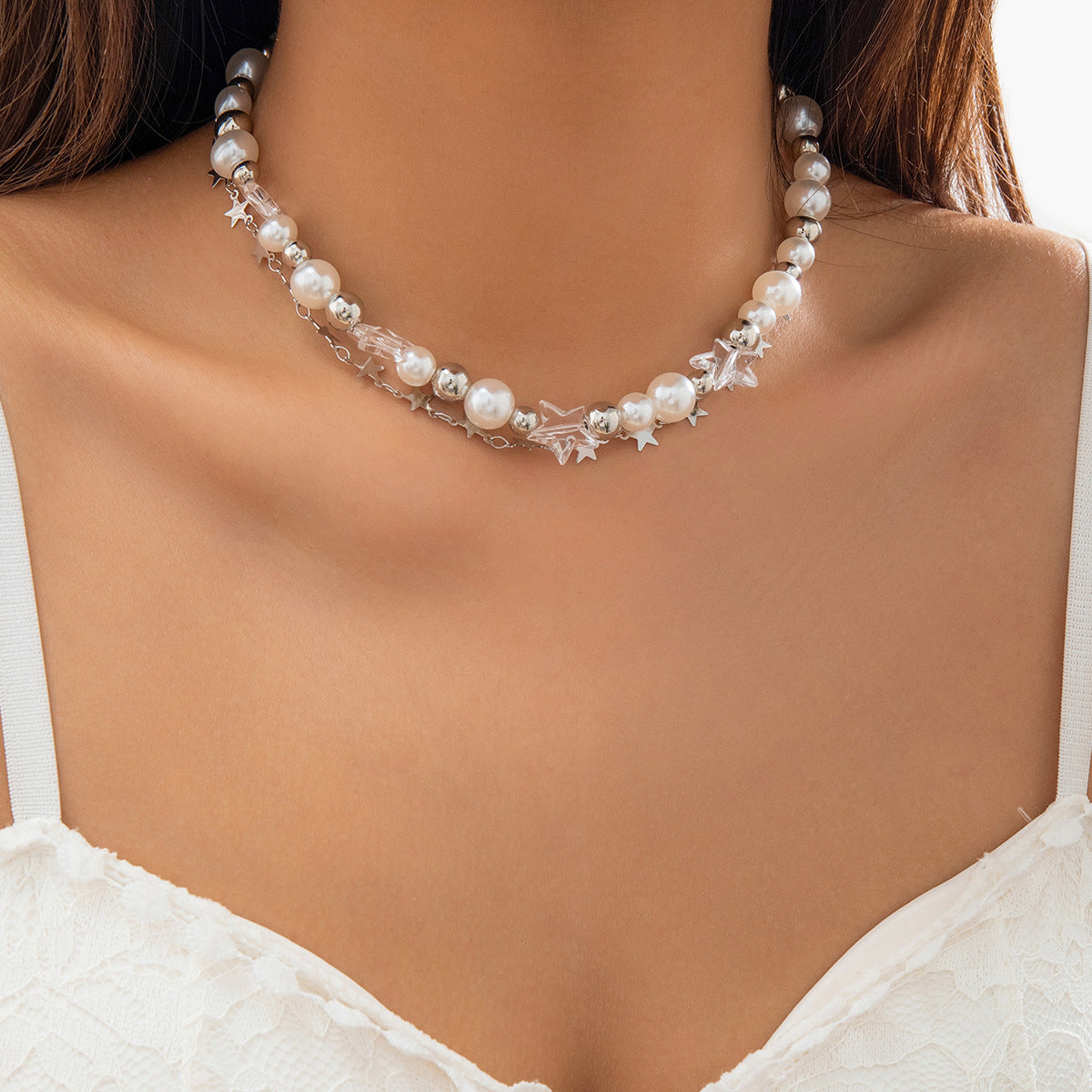 Collier de perles pour femme avec étoiles