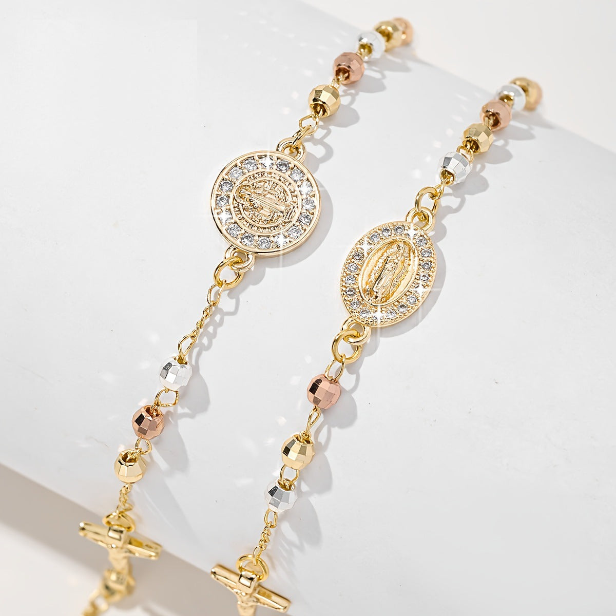 Bracelet religieux filigrane avec croix et médaille miraculeuse