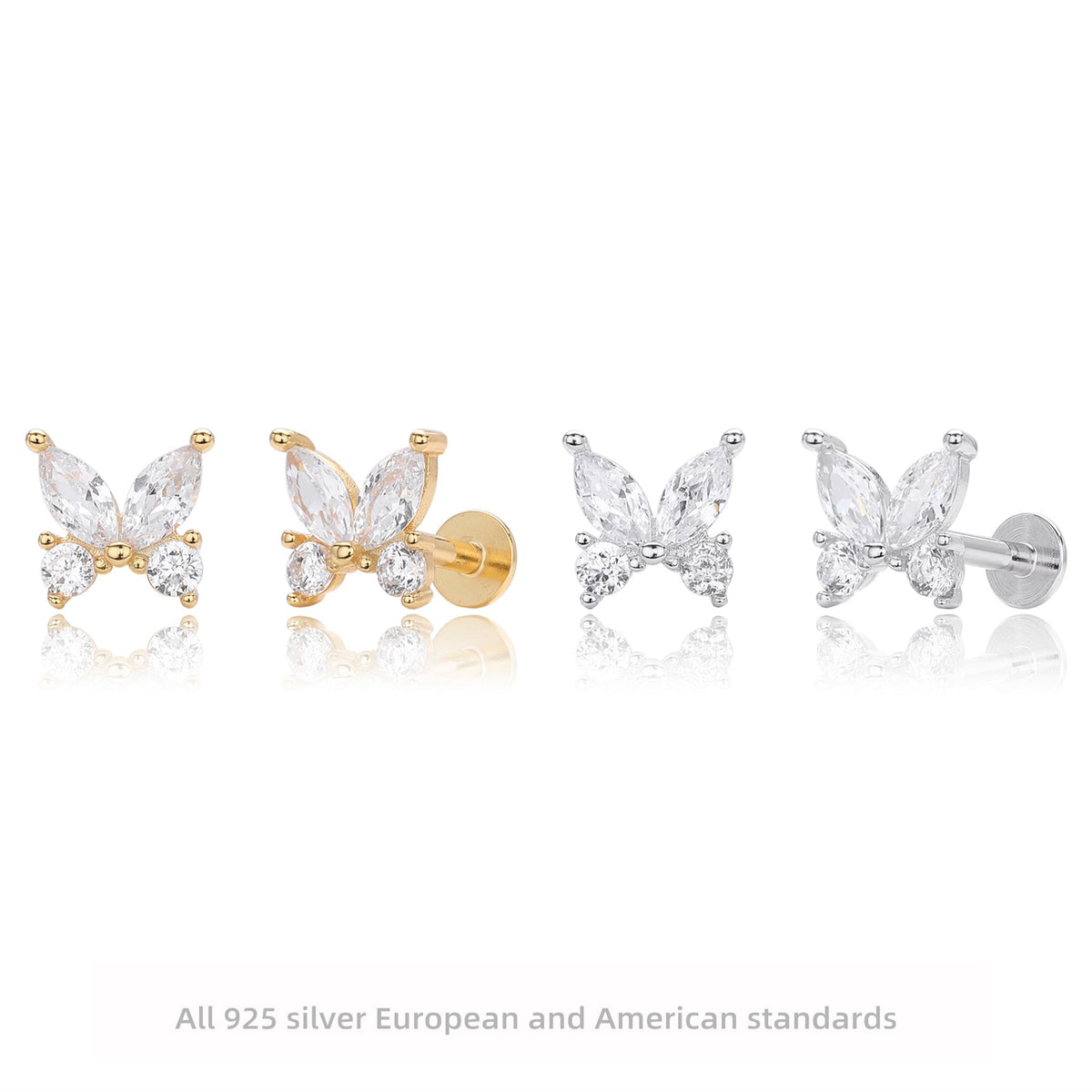Boucles d'oreilles puces pour femme motif papillon en argent sterling 925
