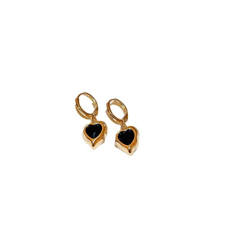 Boucles d'oreilles pendantes pour femme avec cœur et pierre noire