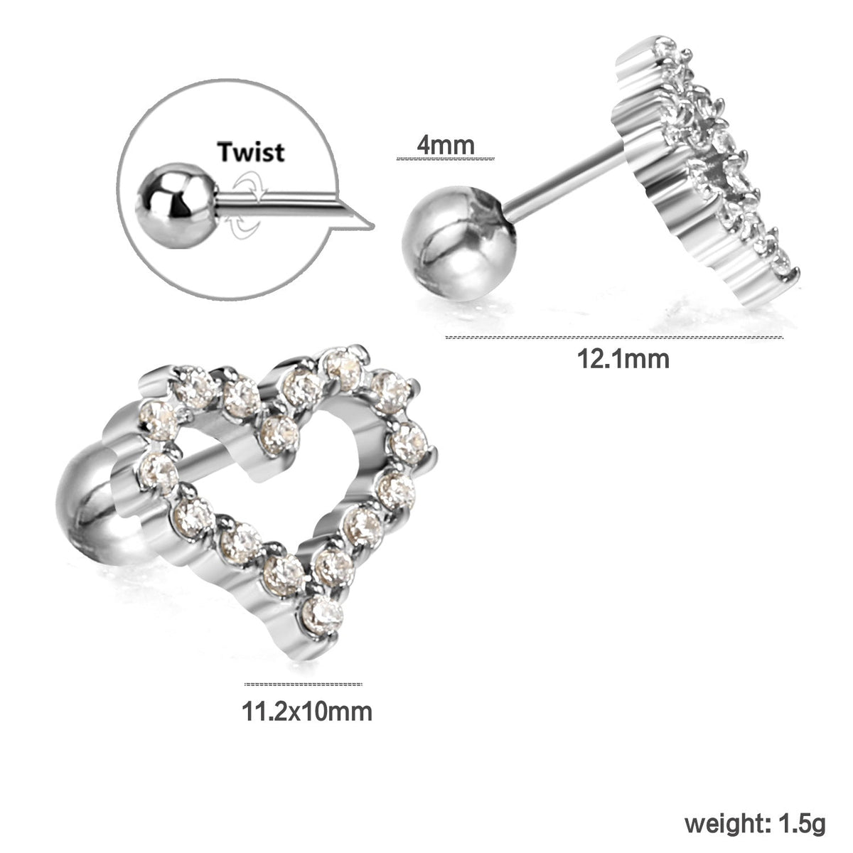 Boucles d'oreilles cœur avec cristaux