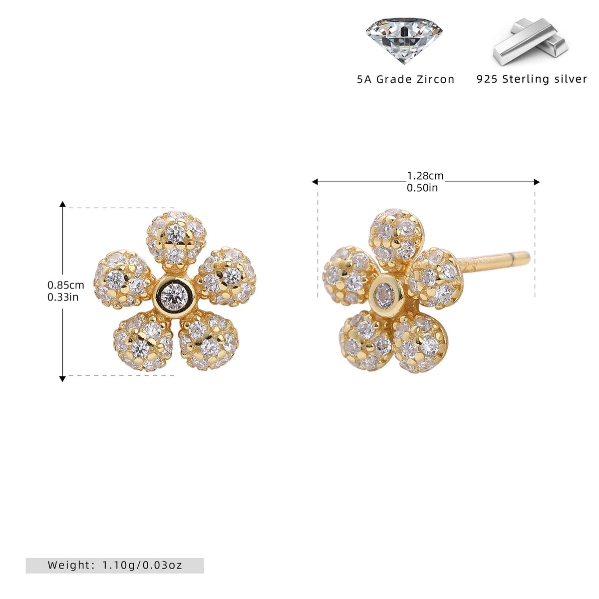Boucles d'oreilles puces en forme de fleur avec zirconiums