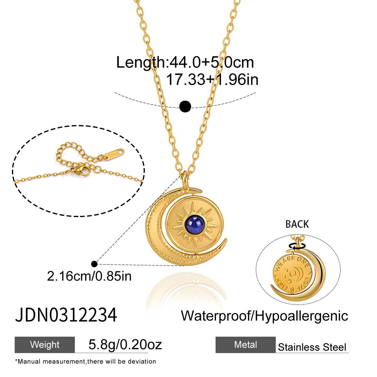 Collier pour femme avec pendentif lune et soleil en acier inoxydable