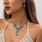 Collier Y pour femme avec pierres turquoise et finition argentée