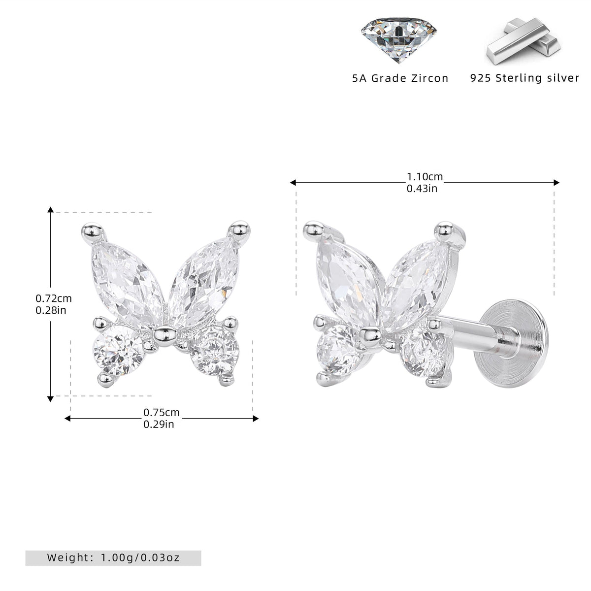 Boucles d'oreilles puces pour femme motif papillon en argent sterling 925