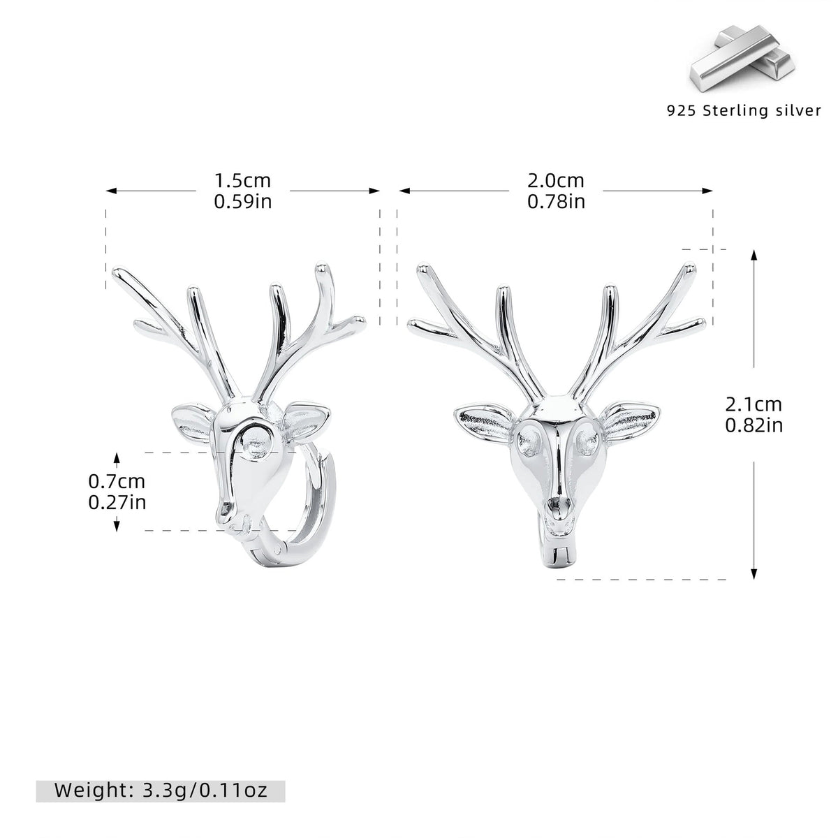 Boucles d'oreilles pendantes tête de cerf en argent sterling 925