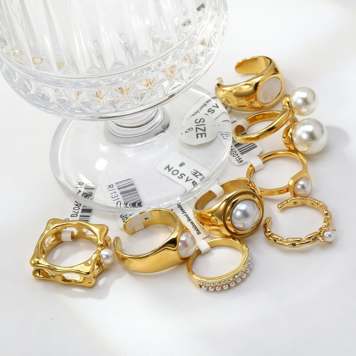 Bague pour femme en acier inoxydable doré avec perle, ajustable