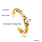 Bague pour femme en acier inoxydable doré avec perle, ajustable