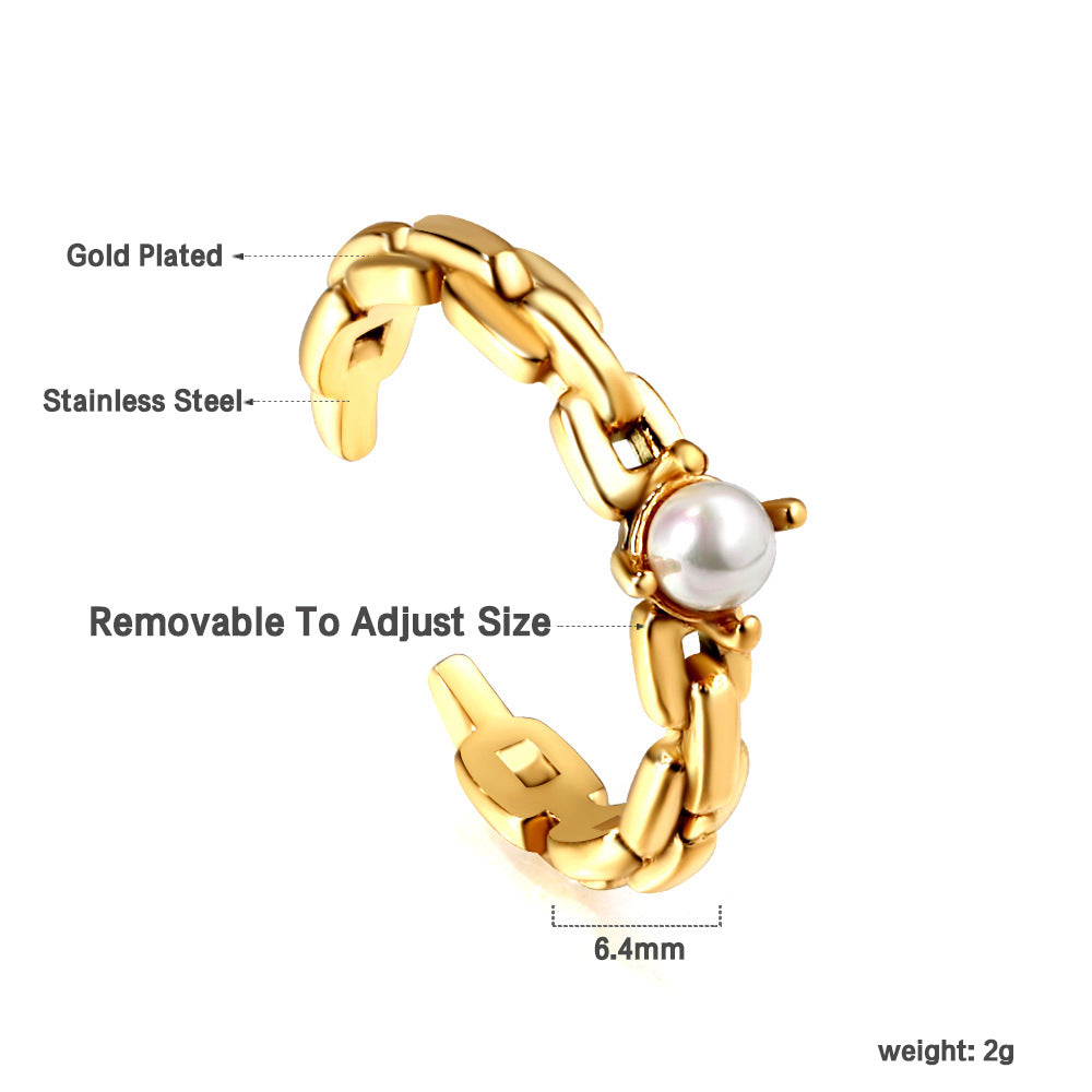 Bague pour femme en acier inoxydable doré avec perle, ajustable