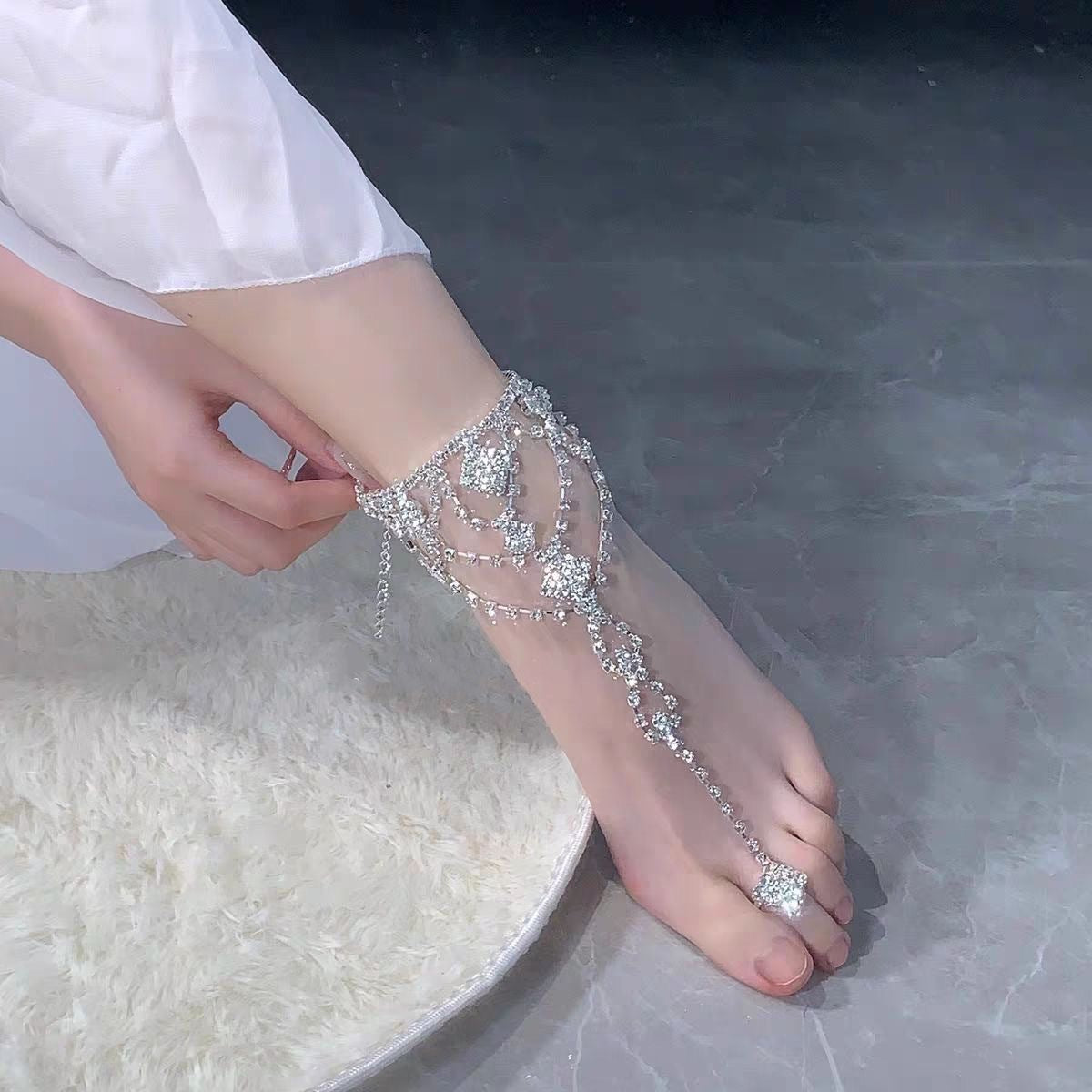 Bijou de pied strass avec bague d'orteil et chaîne réglable