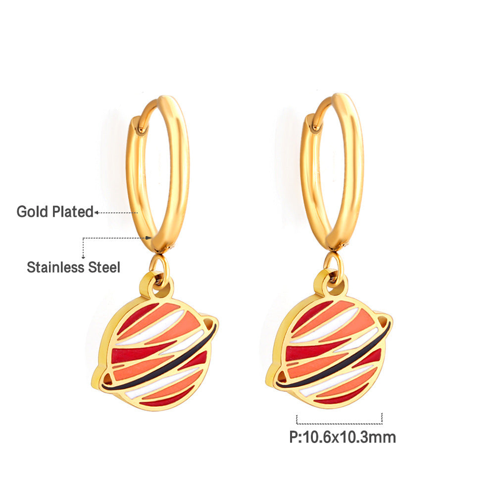 Boucles d'oreilles pendantes pour femme design planétaire en acier doré
