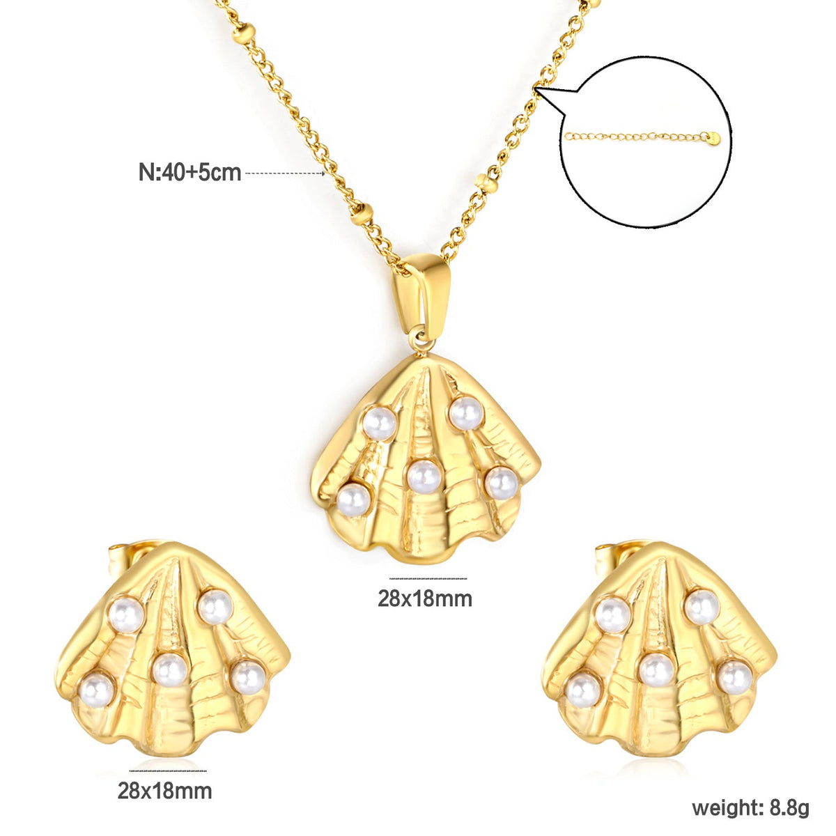 Parure de bijoux pour femme avec pendentif coquillage et zircone