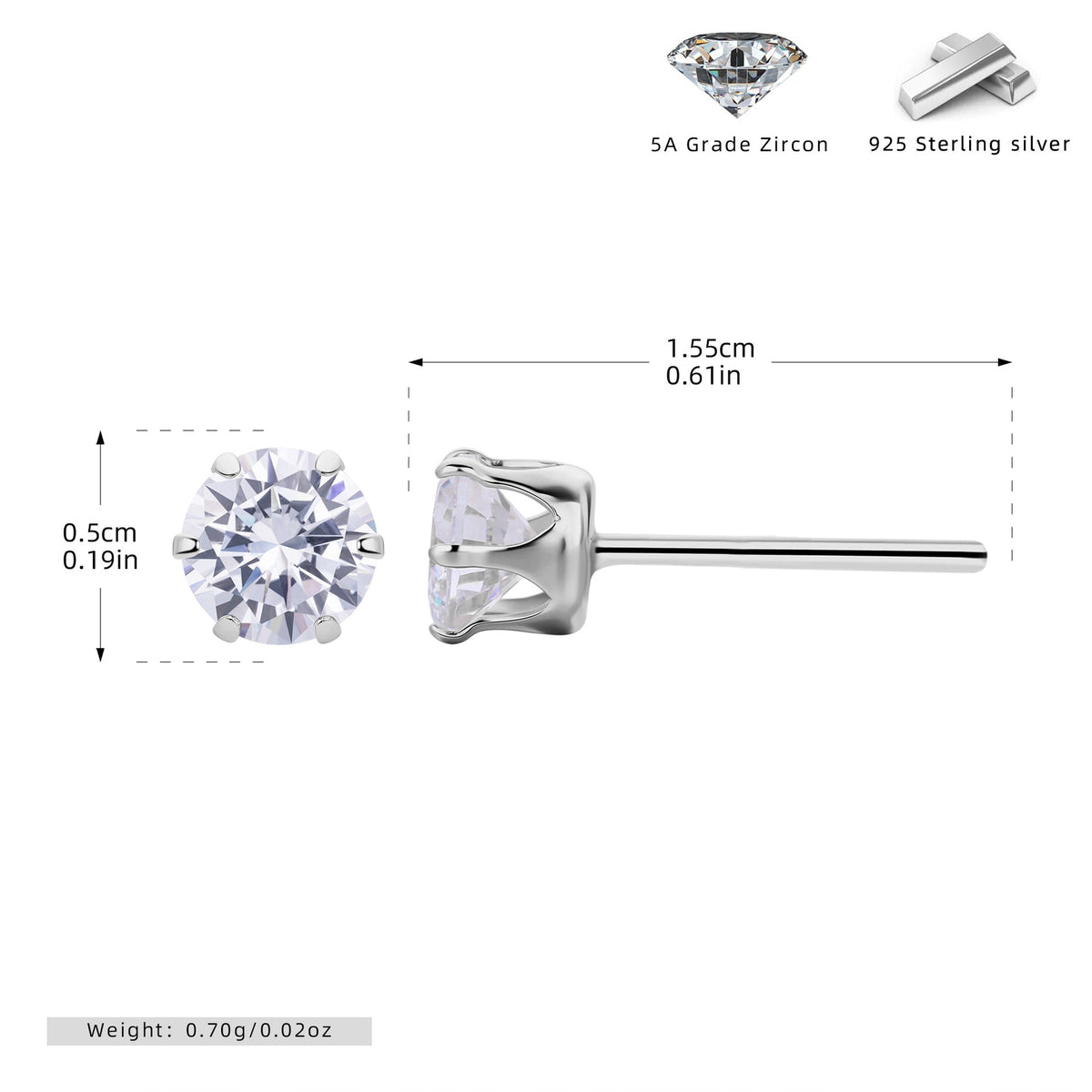 Boucles d'oreilles puces pour femme avec zircons 5A en argent sterling 925