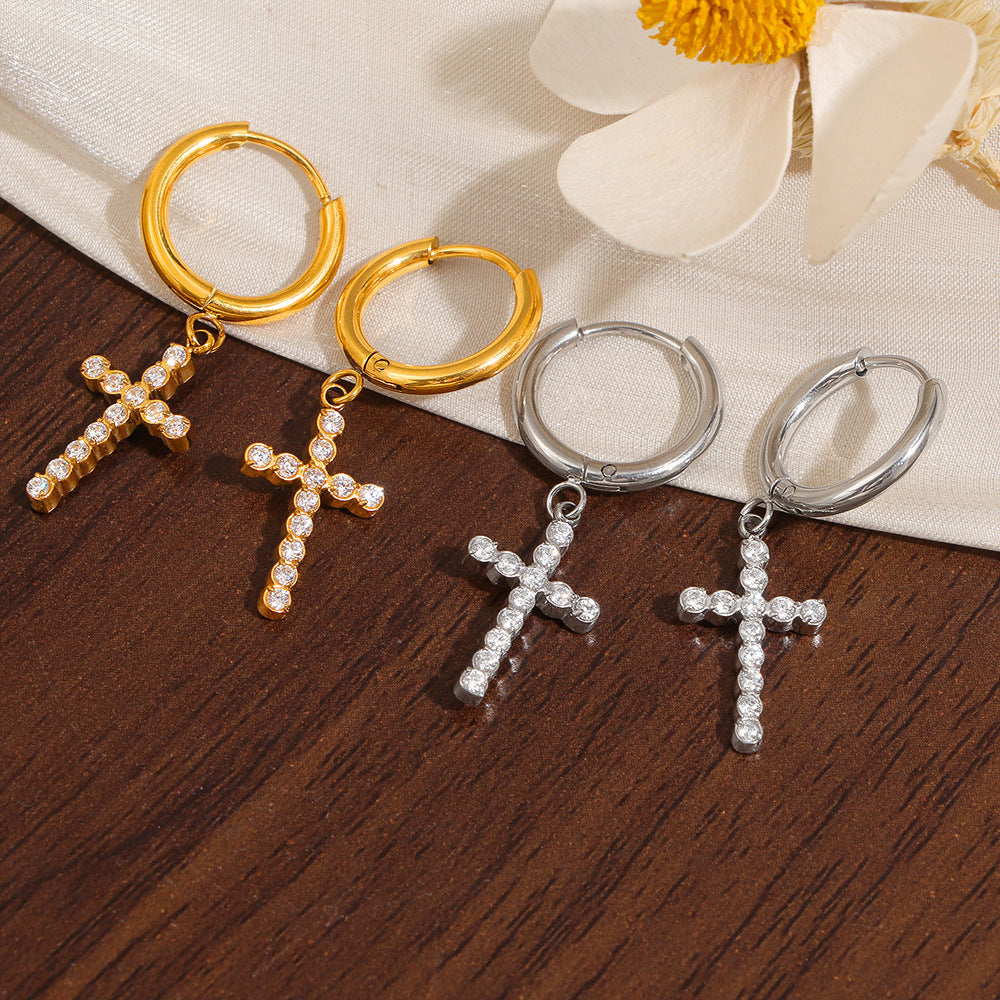 Boucles d'oreilles pendantes pour femme motif croix avec éléments en zircone