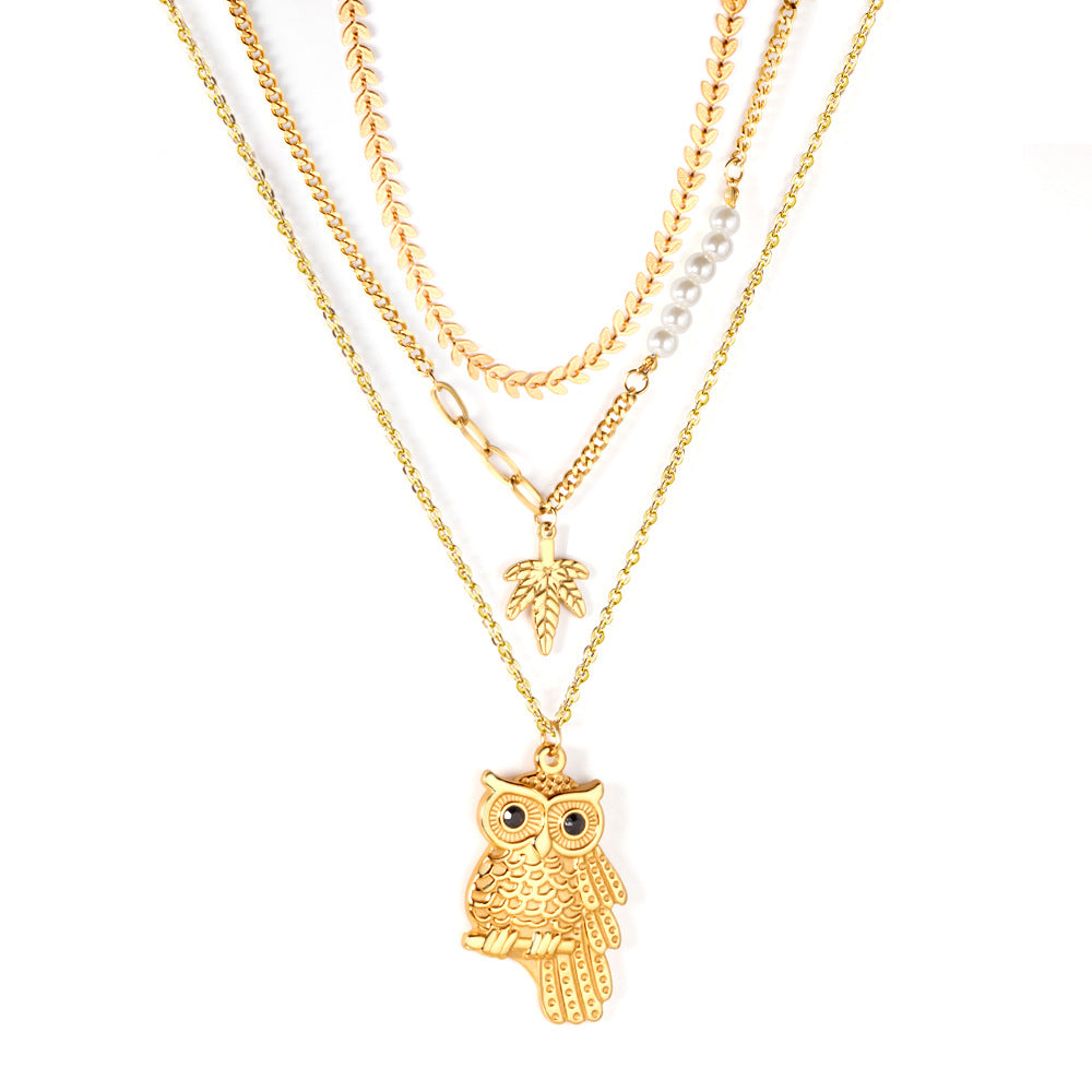 Collier multi-rangs pour femme avec pendentif hibou et détails dorés