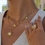 Collier pour femme avec pendentif soleil et lune en acier