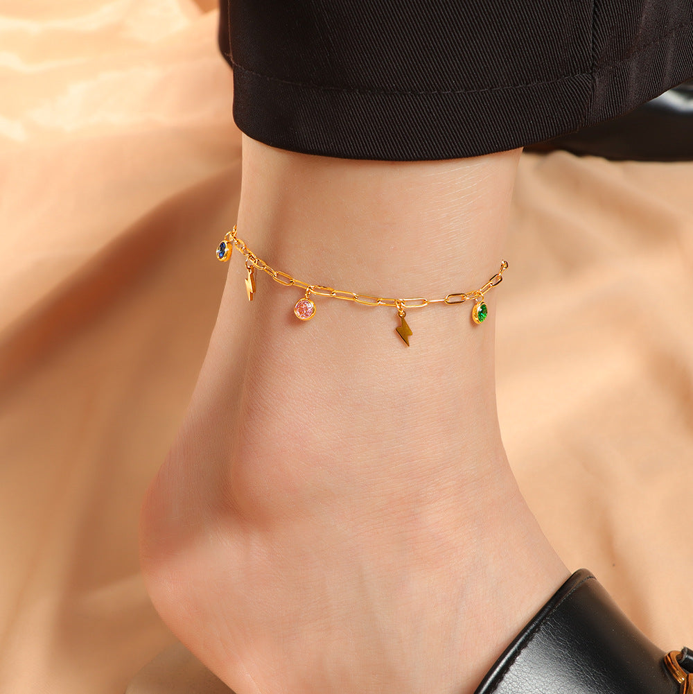 Damen Fußkette mit charmantem Blitz-Design und bunten Kristallen